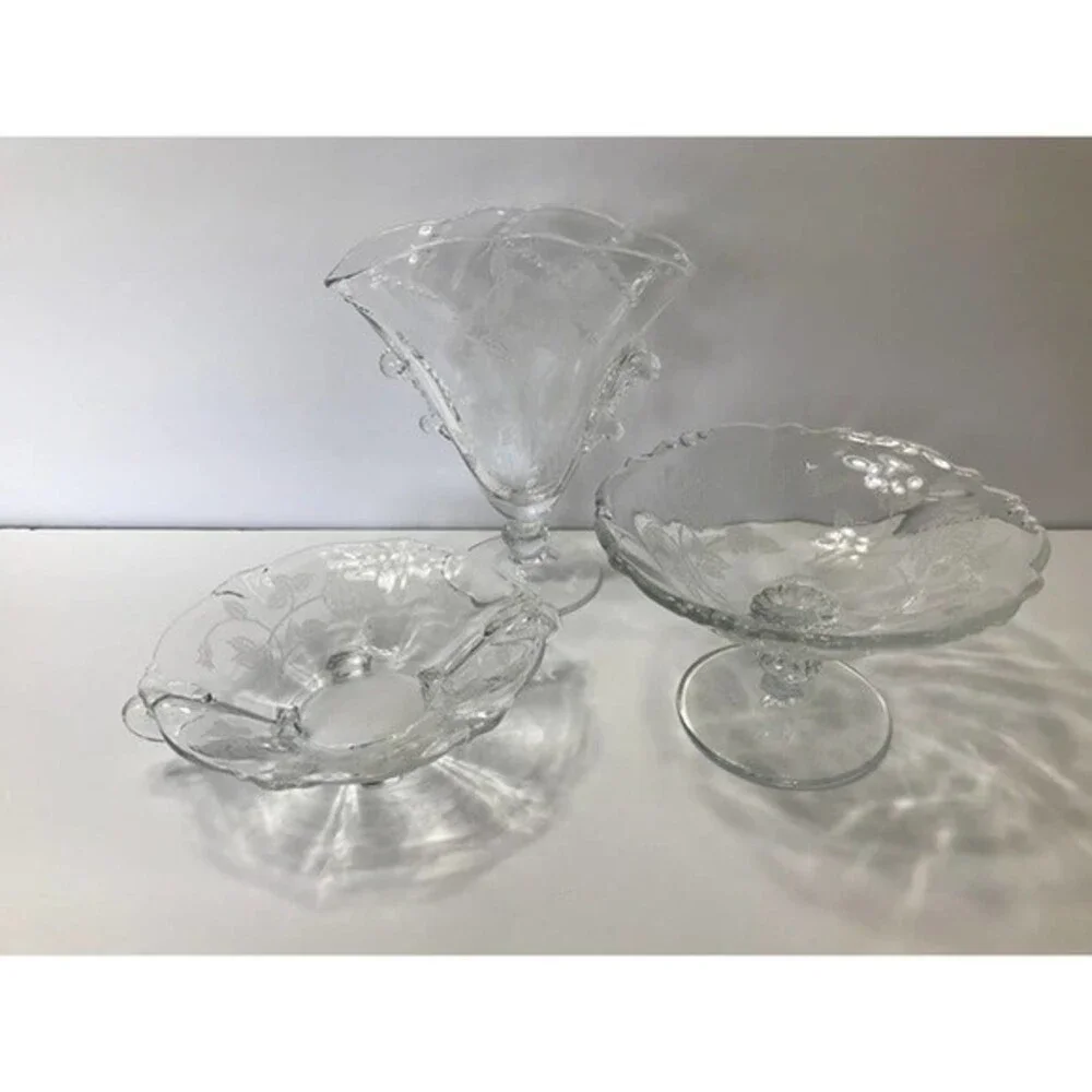 Vintage Heisy Rose patterned glass three piece set